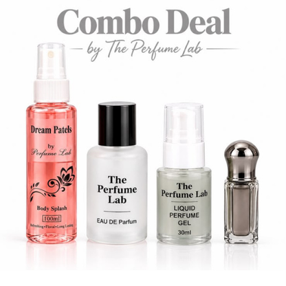 Unisex perfume combo with 30ml perfume, 100ml body splash, 3ml attar and deodorant gel